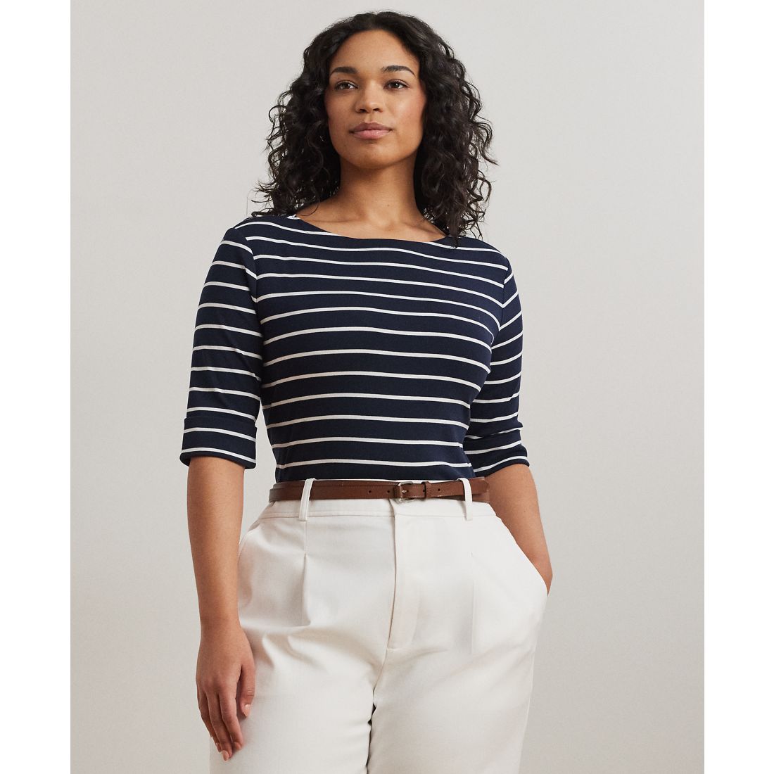 Lauren Ralph Lauren Plus Size Striped Cotton Boatneck T-Shirt