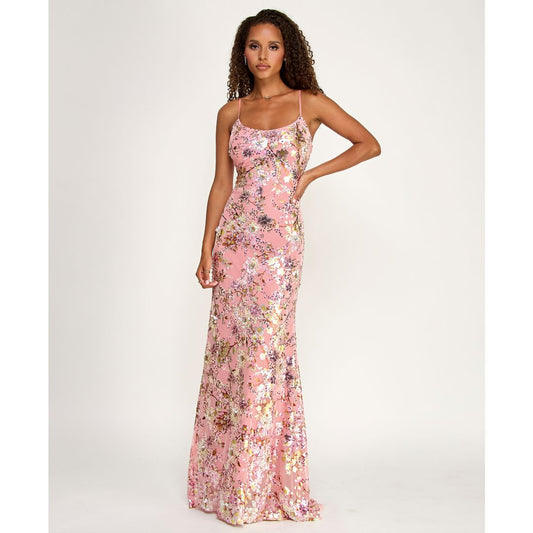 Emerald Sundae Juniors' Floral Sequin Scoop Neck Gown