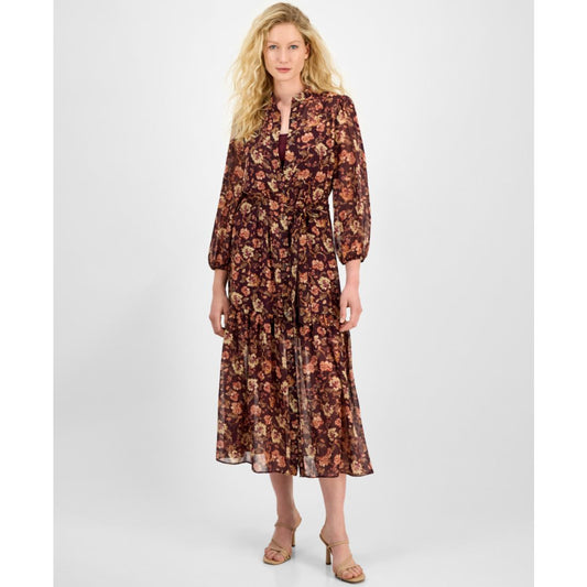 julia jordan Women's Floral Chiffon Tie-Waist 3/4-Sleeve Dress