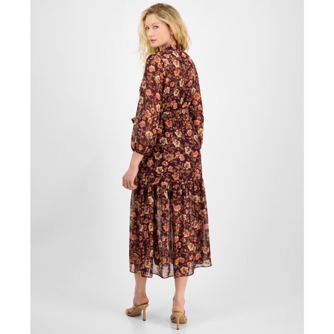 julia jordan Women's Floral Chiffon Tie-Waist 3/4-Sleeve Dress