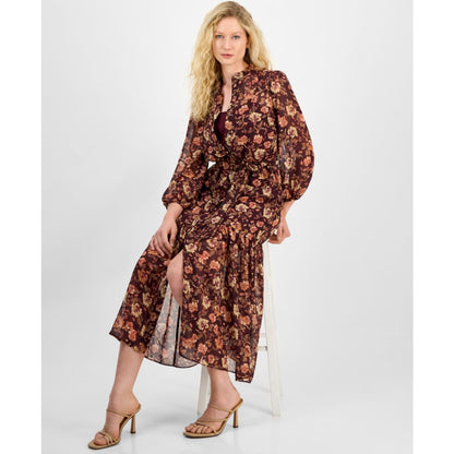 julia jordan Women's Floral Chiffon Tie-Waist 3/4-Sleeve Dress