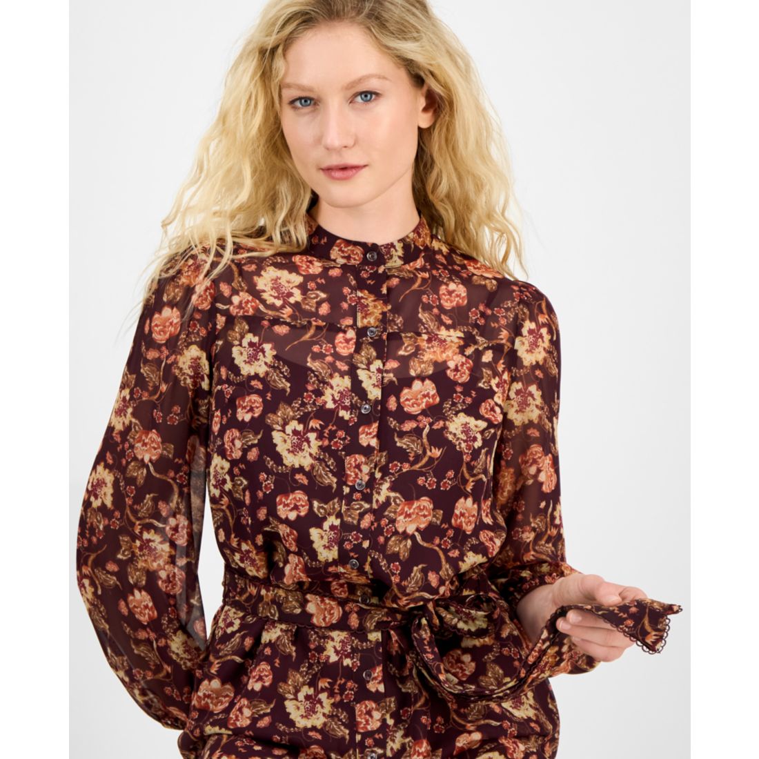 julia jordan Women's Floral Chiffon Tie-Waist 3/4-Sleeve Dress