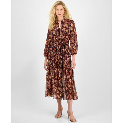 julia jordan Women's Floral Chiffon Tie-Waist 3/4-Sleeve Dress