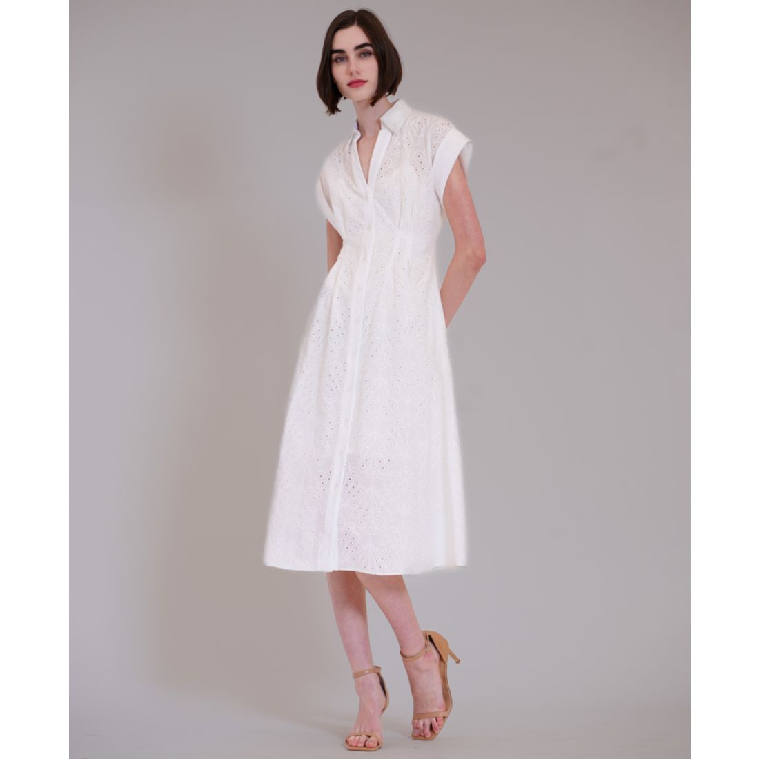 julia jordan Women's Short-Sleeve V-Neck Eyelet Midi Shirt Dress