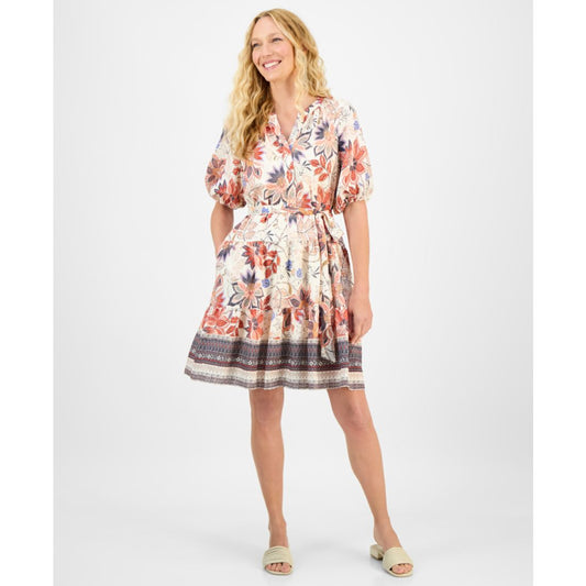julia jordan Women's Printed Puff-Sleeve Tie-Waist Dress