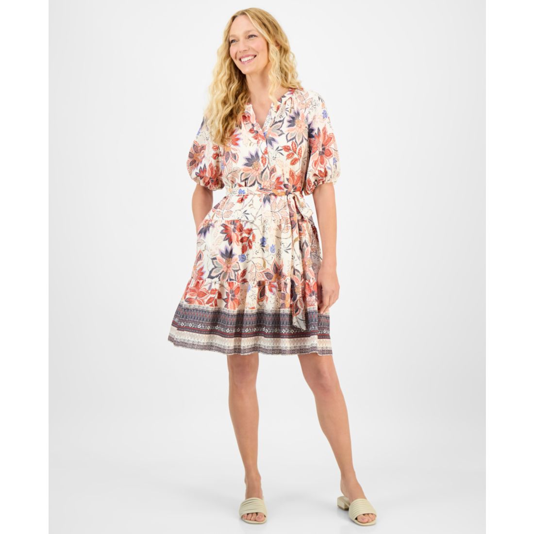 julia jordan Women's Printed Puff-Sleeve Tie-Waist Dress