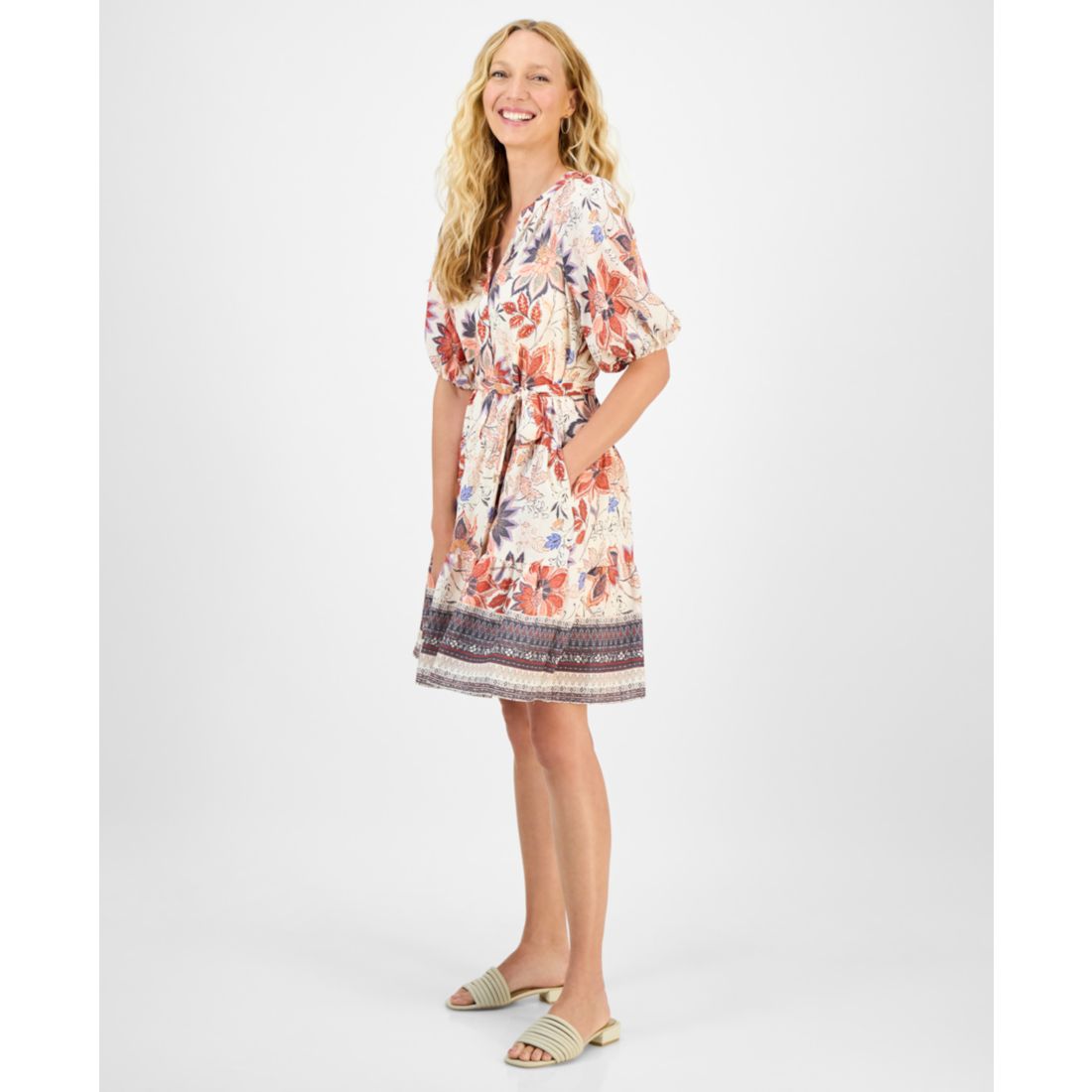julia jordan Women's Printed Puff-Sleeve Tie-Waist Dress