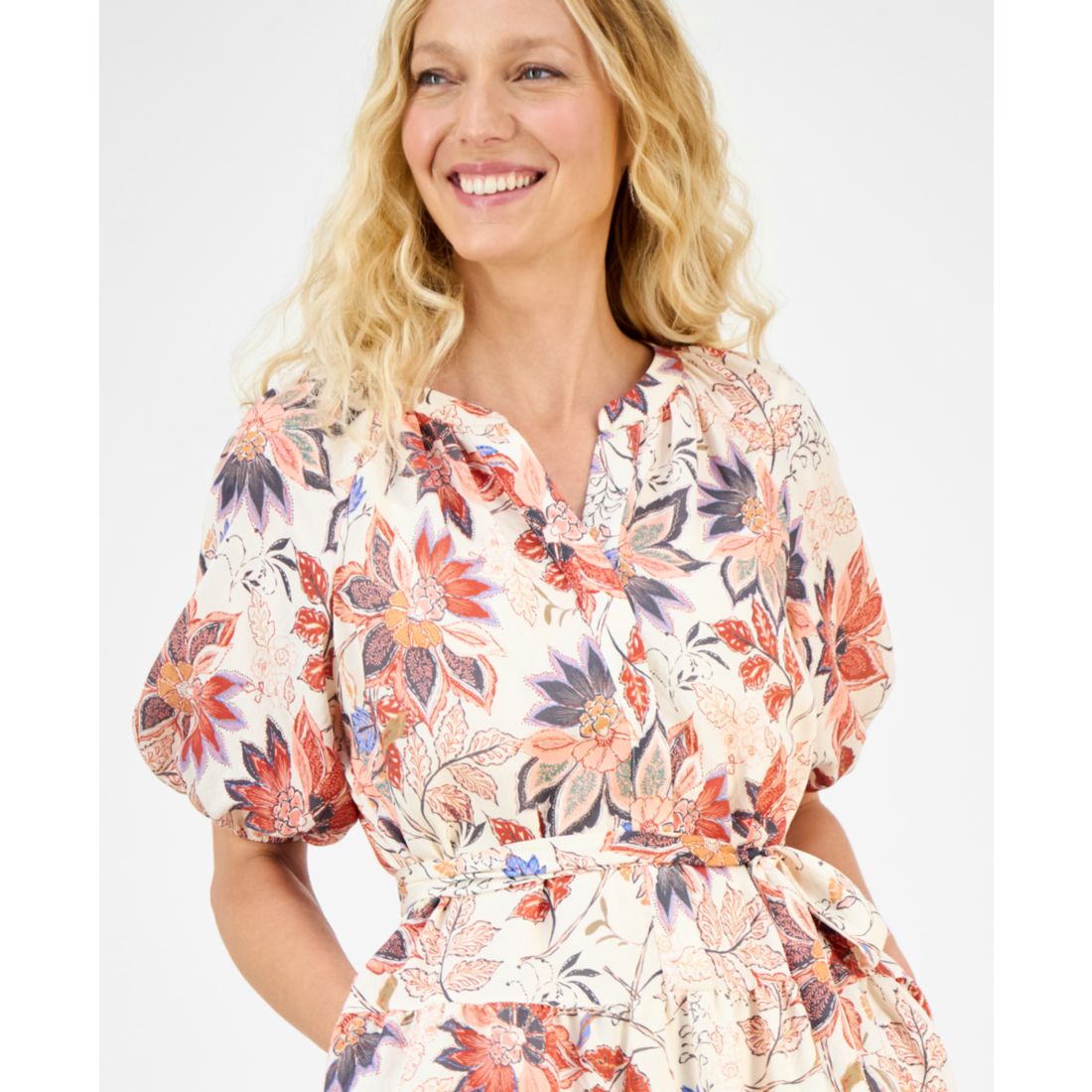 julia jordan Women's Printed Puff-Sleeve Tie-Waist Dress