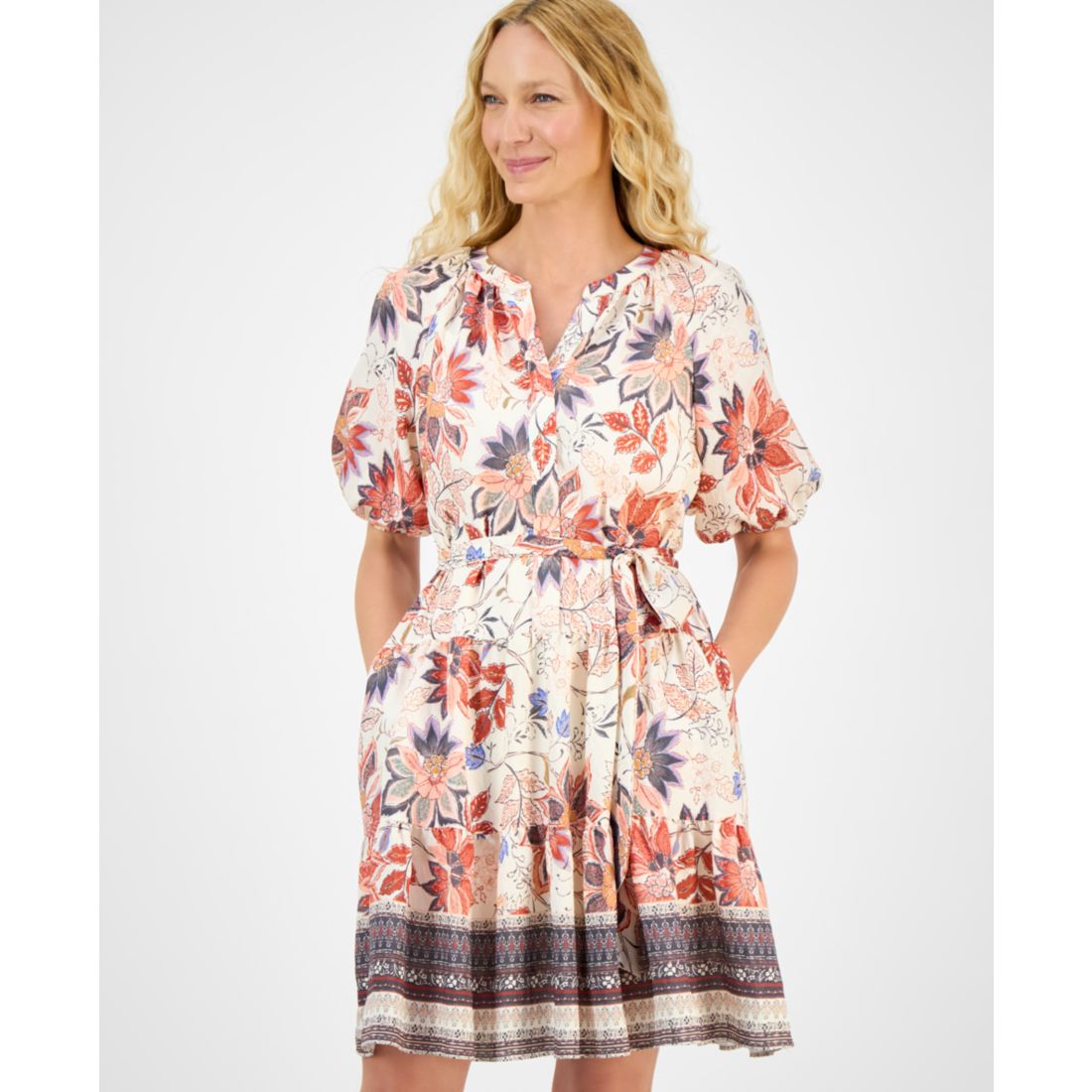 julia jordan Women's Printed Puff-Sleeve Tie-Waist Dress
