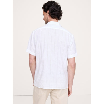 Men's Standard-Fit Linen-Cotton Eyelet Stripe Resort Shirt