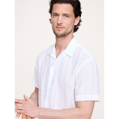 Men's Standard-Fit Linen-Cotton Eyelet Stripe Resort Shirt