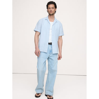 Men's Standard-Fit Linen-Cotton Eyelet Stripe Resort Shirt