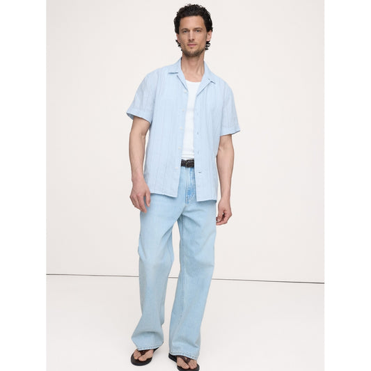 Men's Standard-Fit Linen-Cotton Eyelet Stripe Resort Shirt
