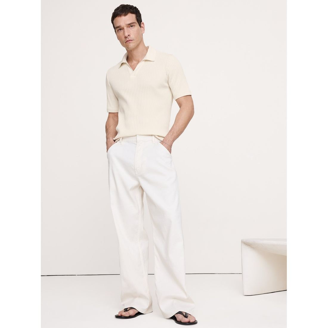 Men's Ribbed Stretch-Cotton Johnny-Collar Polo Shirt