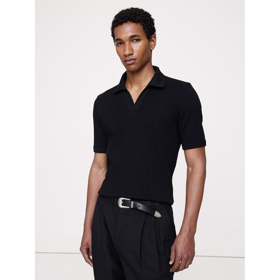 Men's Ribbed Stretch-Cotton Johnny-Collar Polo Shirt
