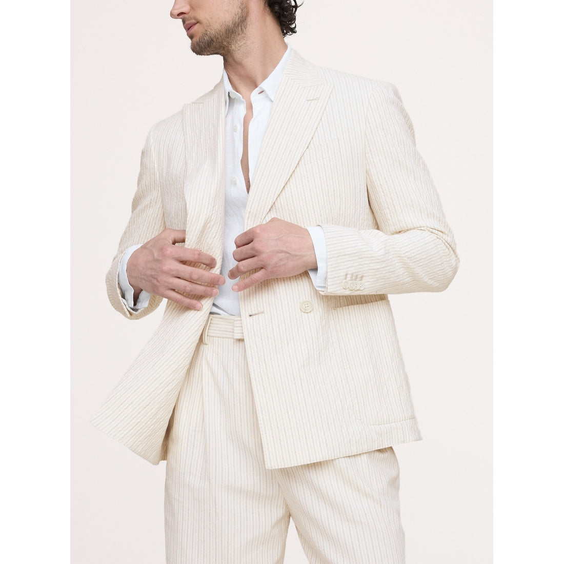 Men's Double-Breasted Italian Cotton-Linen Seersucker Suit Jacket