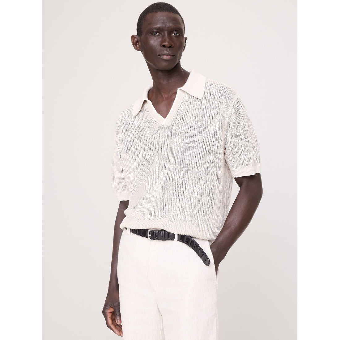 Men's Linen-Cotton Johnny-Collar Sweater Polo Shirt