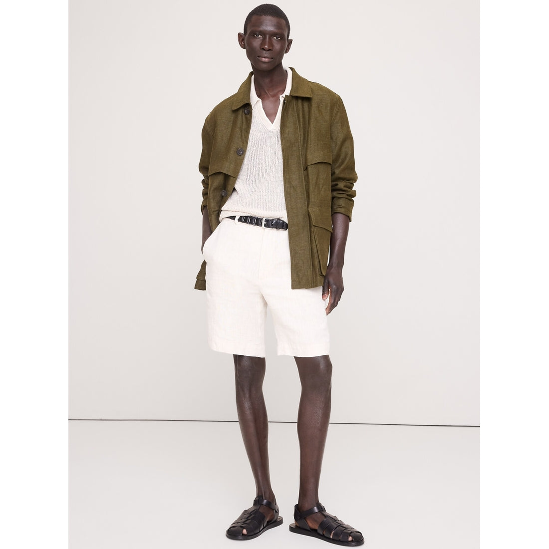 Men's Linen-Cotton Johnny-Collar Sweater Polo Shirt