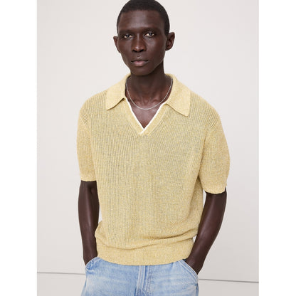 Men's Linen-Cotton Johnny-Collar Sweater Polo Shirt