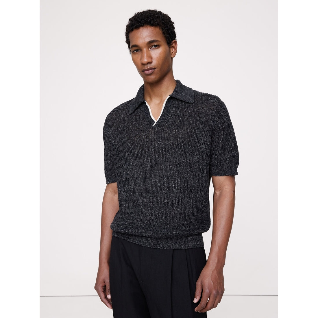 Men's Linen-Cotton Johnny-Collar Sweater Polo Shirt