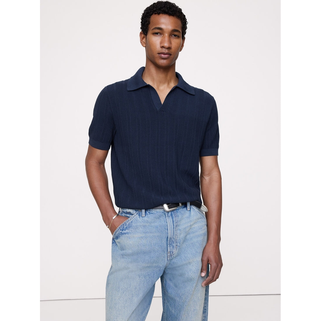 Men's Textured Cotton Stripe Sweater Polo Shirt