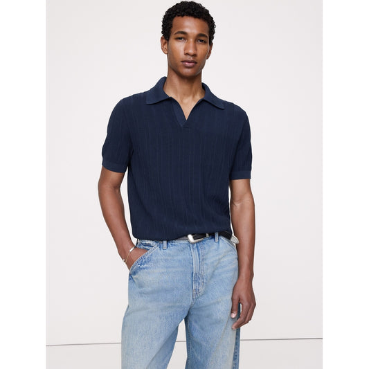 Men's Textured Cotton Stripe Sweater Polo Shirt