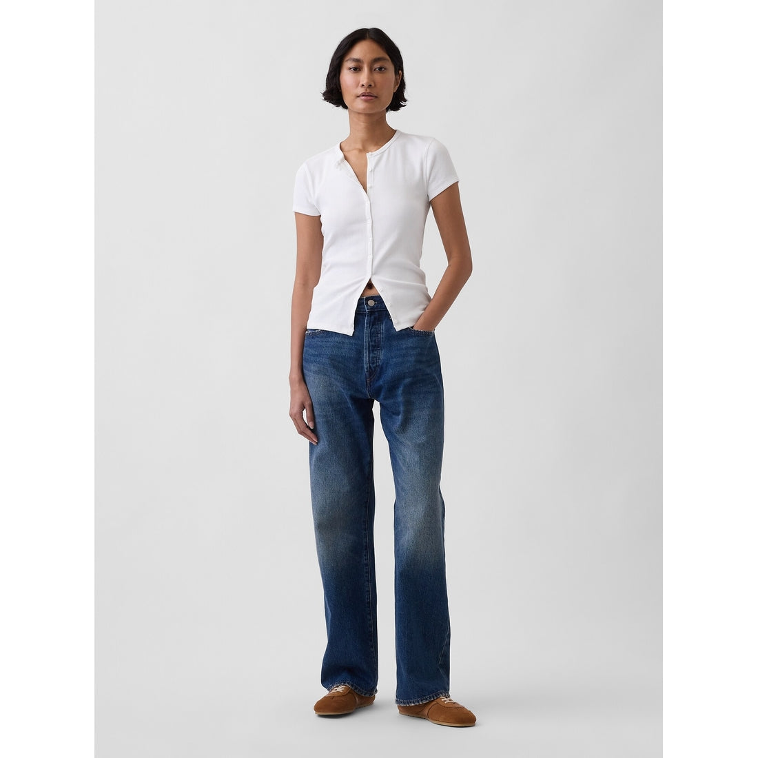 Women's Modern Rib Button-Front Crew T-Shirt