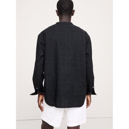 Men's Relaxed-Fit Cotton-Linen Banded-Collar Shirt