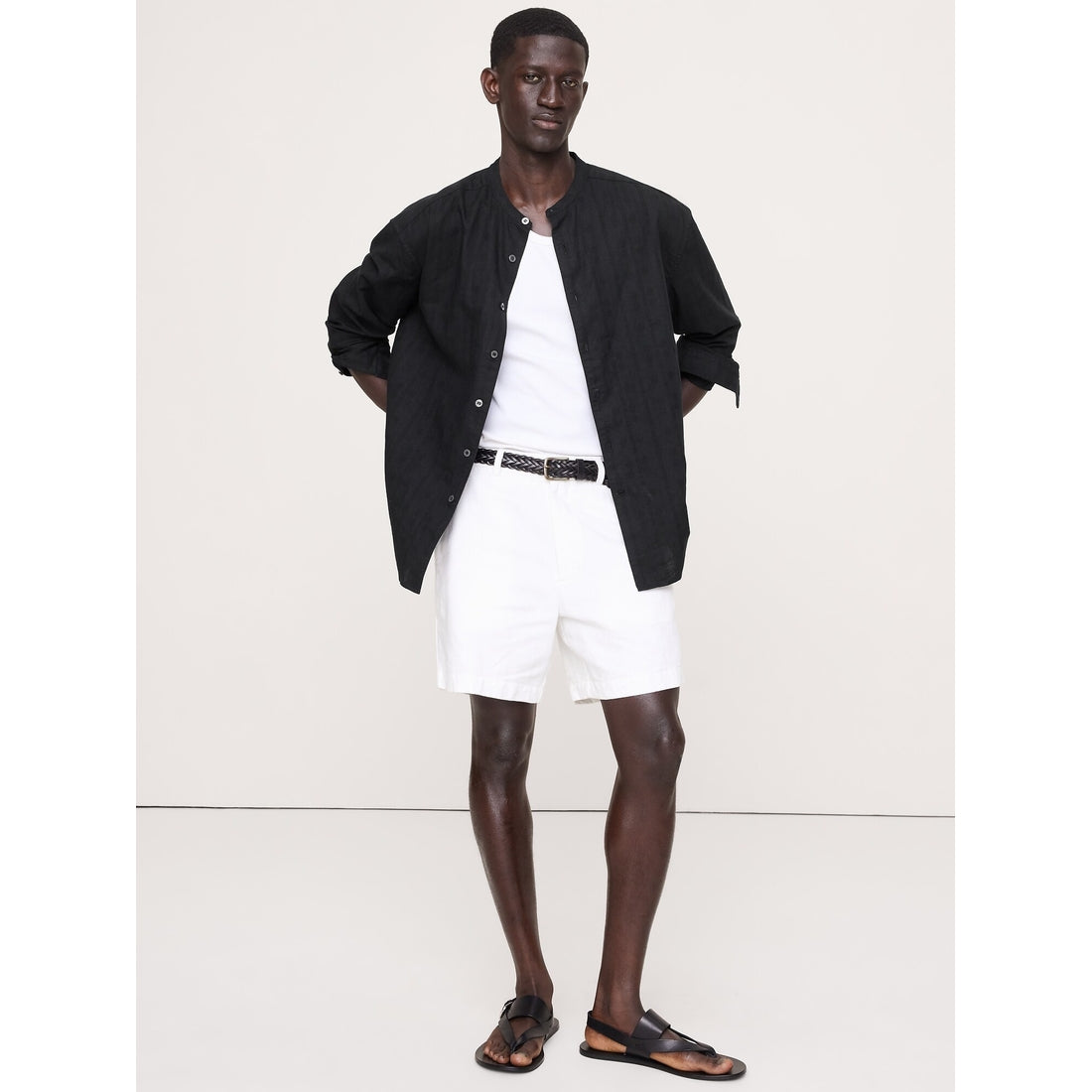 Men's Relaxed-Fit Cotton-Linen Banded-Collar Shirt