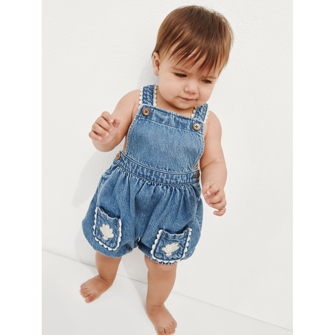 Toddler Denim Stripe Bear Pocket Bubble Overalls