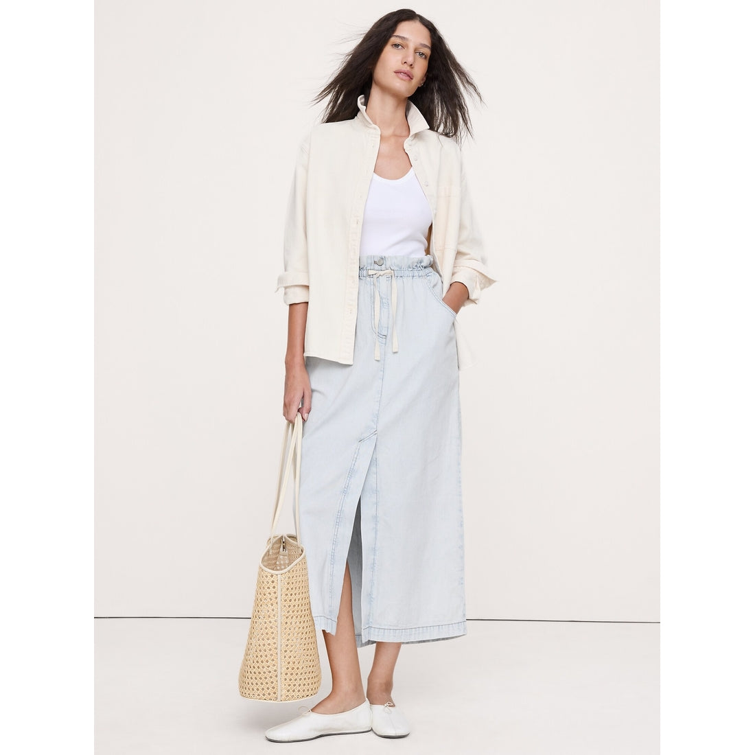 Women's Denim Paperbag Midi Skirt