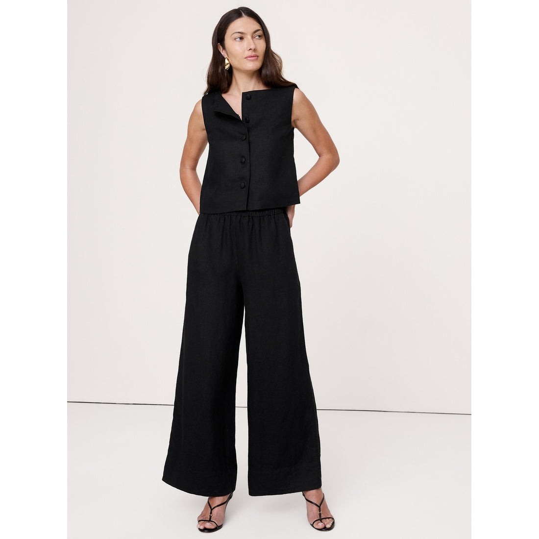 Women's High-Rise Wide-Leg Linen Pull-On Ankle Pant