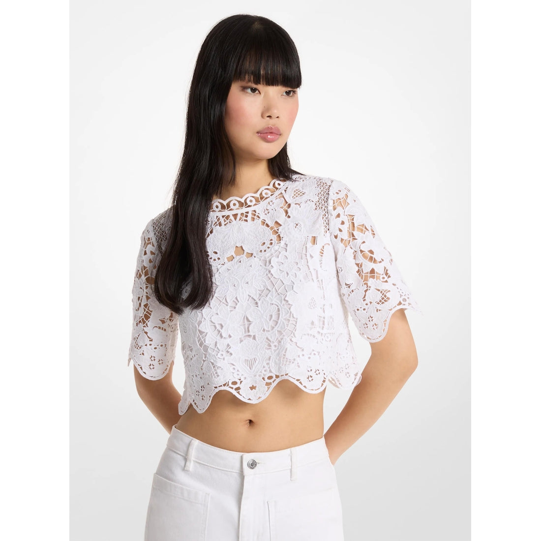 Floral Lace Cotton Cropped Shirt