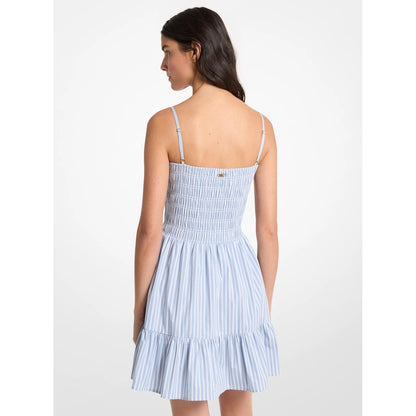 Striped Stretch Cotton Blend Smocked Dress