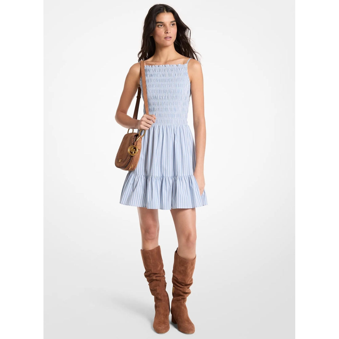 Striped Stretch Cotton Blend Smocked Dress