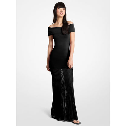 Pleated Stretch Knit Off-The-Shoulder Maxi Dress