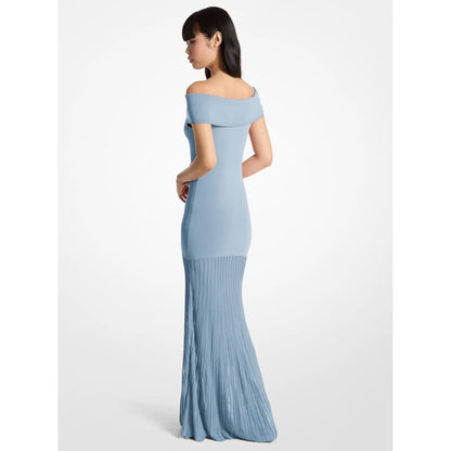 Pleated Stretch Knit Off-The-Shoulder Maxi Dress
