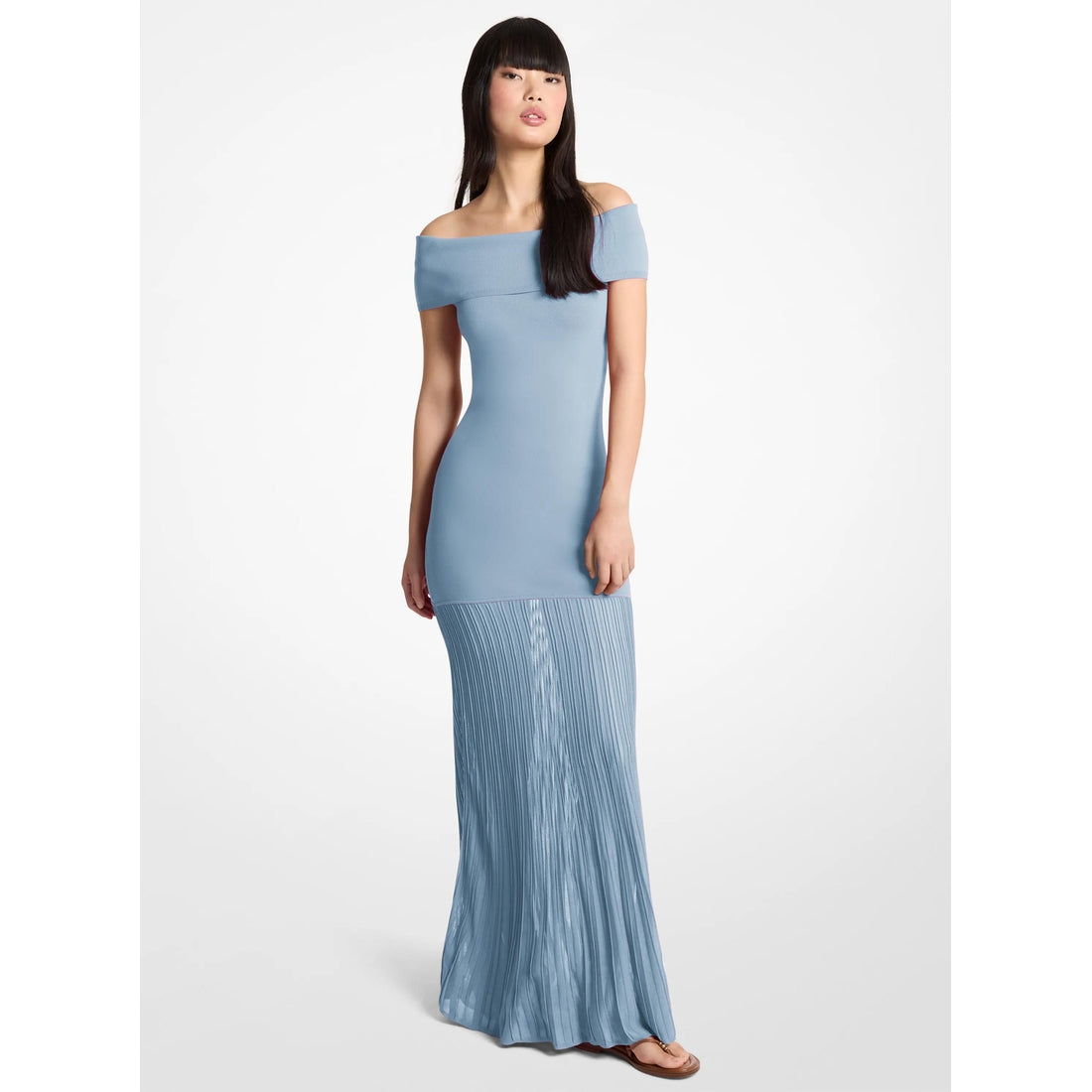 Pleated Stretch Knit Off-The-Shoulder Maxi Dress
