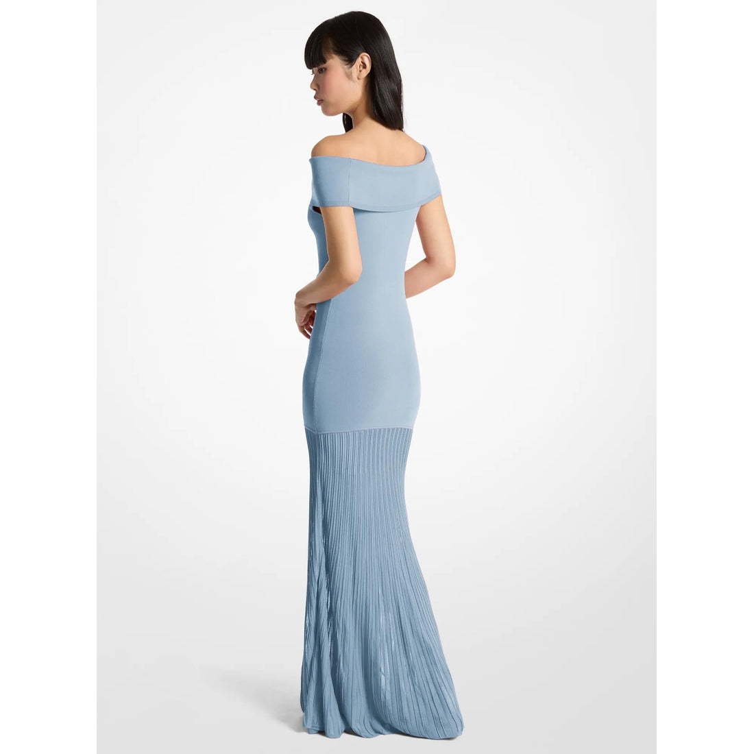 Pleated Stretch Knit Off-The-Shoulder Maxi Dress