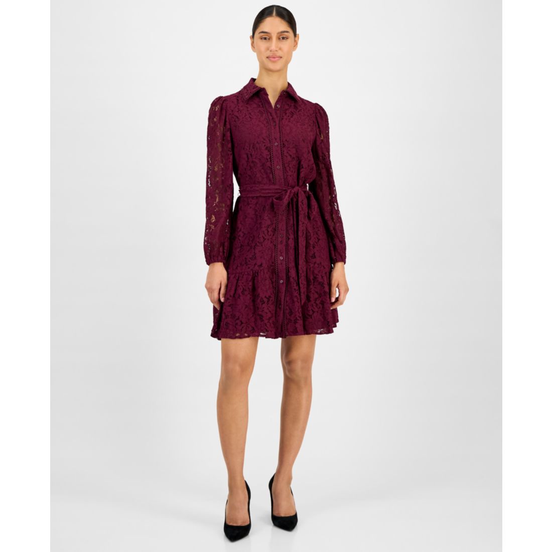 Anne Klein Women's Lace Tie-Waist Tiered Shirtdress