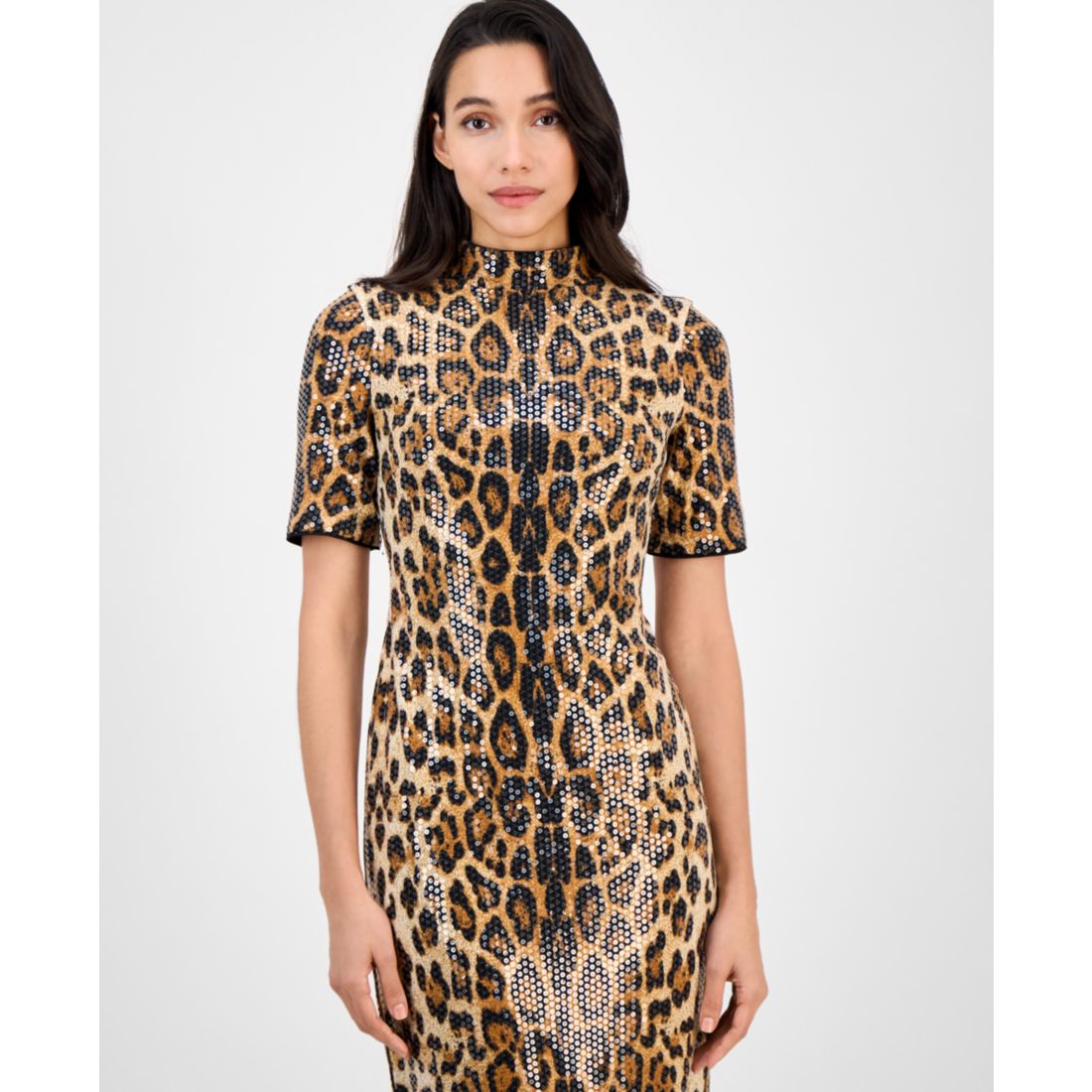 Anne Klein Women's Sequined Animal-Print Short-Sleeve Bodycon Dress