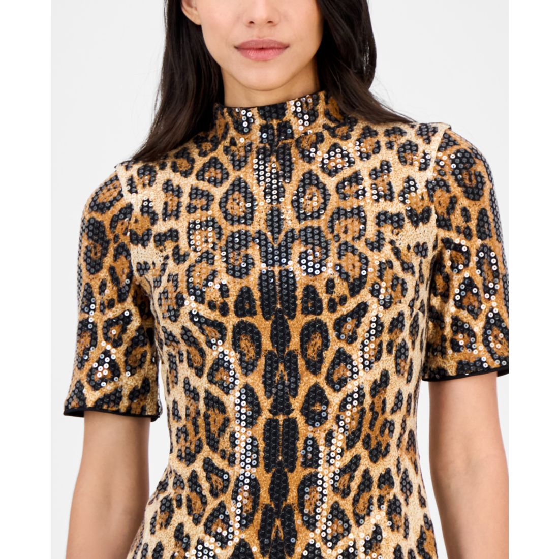 Anne Klein Women's Sequined Animal-Print Short-Sleeve Bodycon Dress