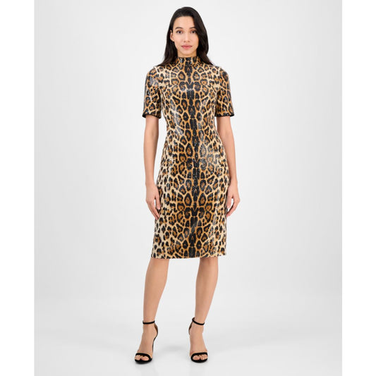 Anne Klein Women's Sequined Animal-Print Short-Sleeve Bodycon Dress