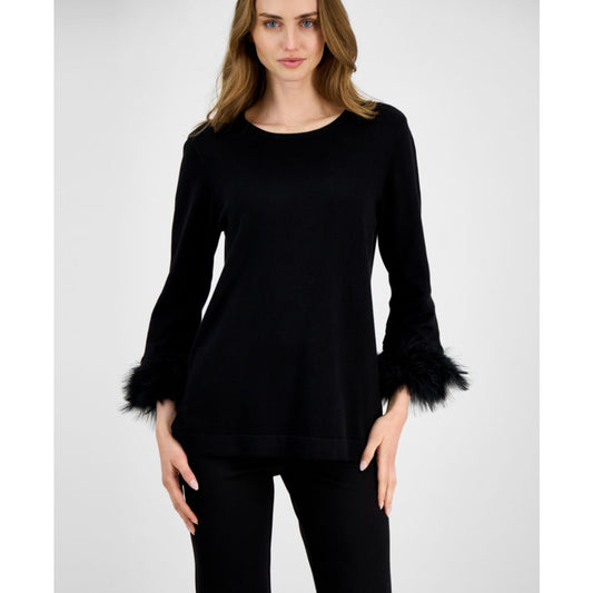Anne Klein Women's Crewneck Feather-Trim-Cuff Sweater