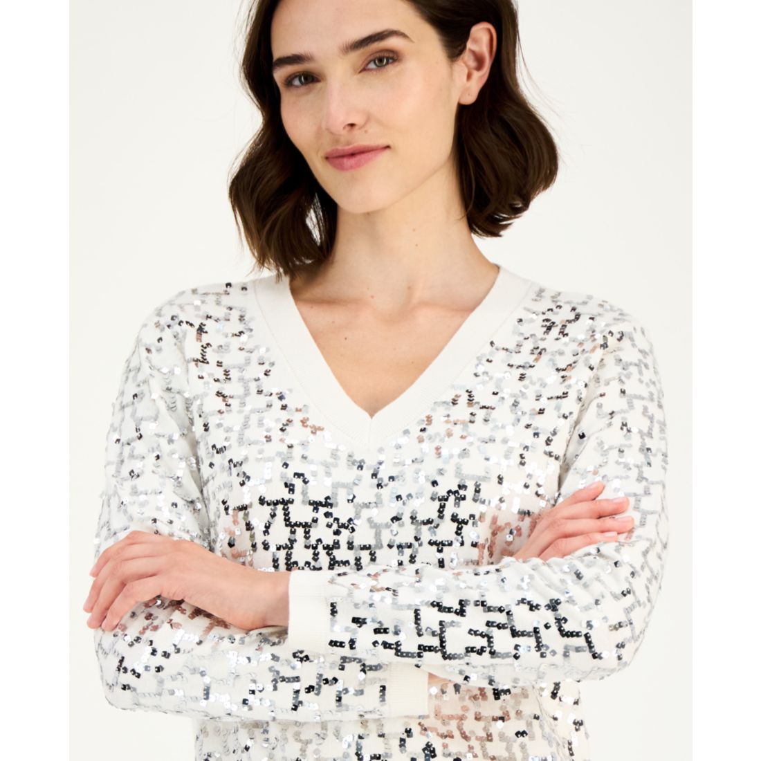 Anne Klein Women's Zig-Zag Sequin Sweater