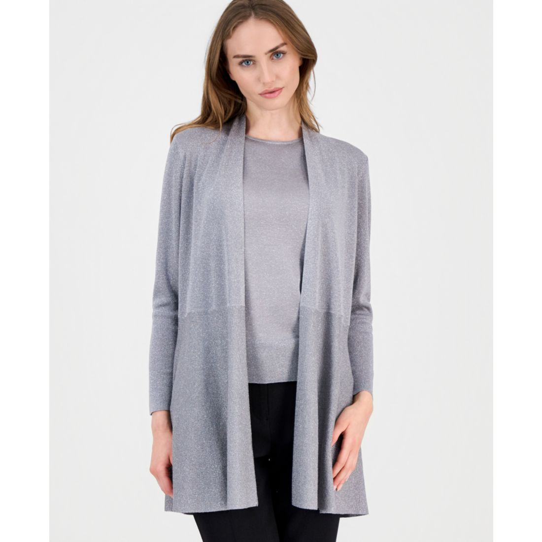 Anne Klein Women's Monteray Metallic Open-Front Cardigan - Silver W/ Lurex
