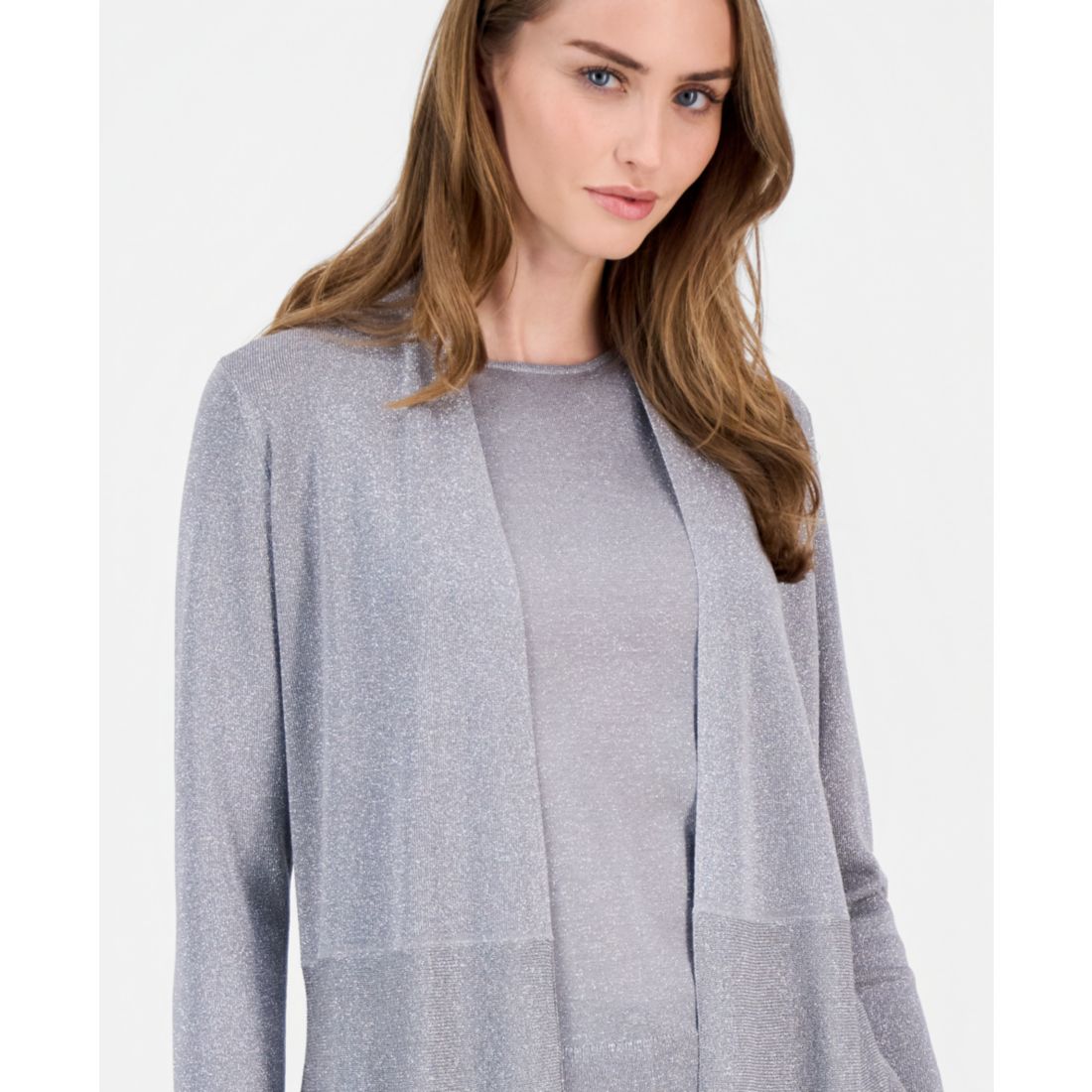 Anne Klein Women's Monteray Metallic Open-Front Cardigan - Silver W/ Lurex