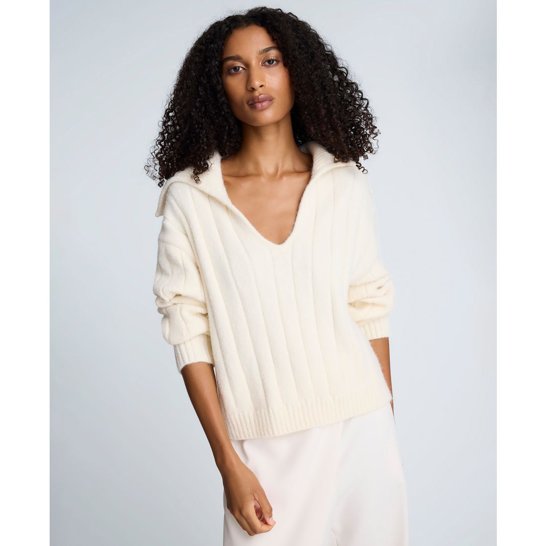 Kenneth Cole Women's V-Neck Wide Rib Polo Sweater