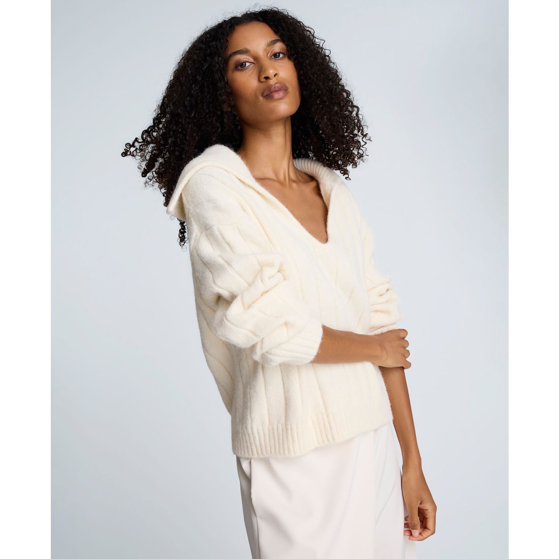 Kenneth Cole Women's V-Neck Wide Rib Polo Sweater