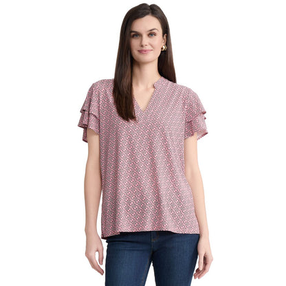 Jones New York Petite Knit Flutter Sleeve Band Collar Top